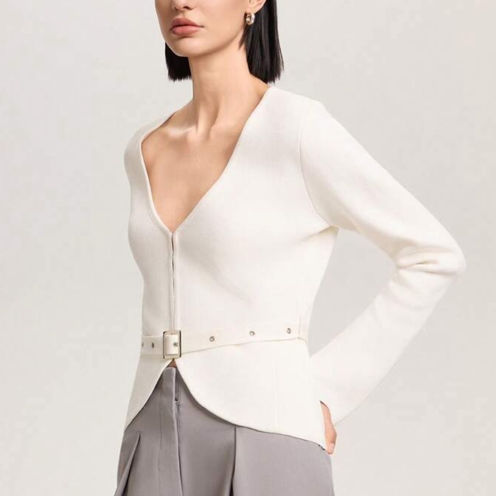 White belted stretchy cardigan with removable belt - Picture 4 of 4